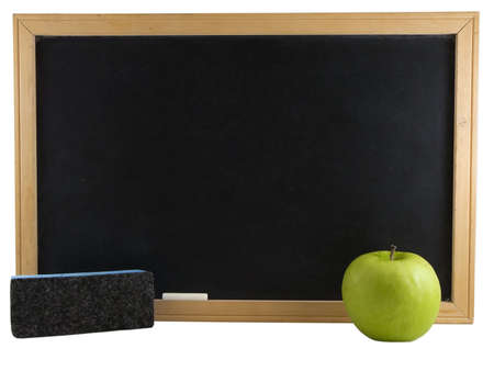 Chalkboard, apple, and eraser isolated on white backgroundの写真素材