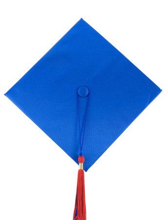 Blue graduation cap with tassel, isolated on whiteの写真素材