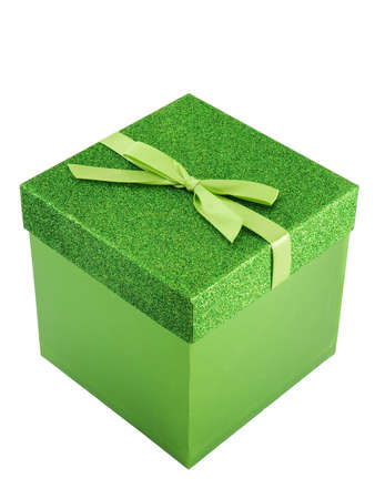 Green christmas gift box isolated on whiteの写真素材