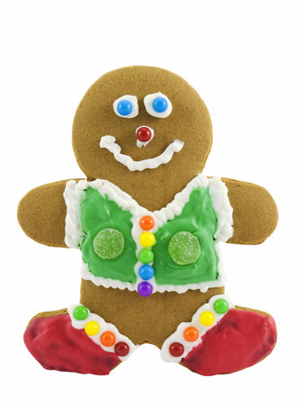Decorated gingerbread man, isolated on a white backgroundの写真素材