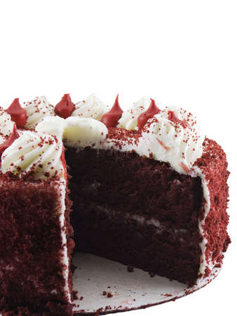Red velvet cake with a slice missing isolated on a white backgroundの写真素材