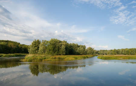Trees and clouds reflecting off river landscapeの写真素材