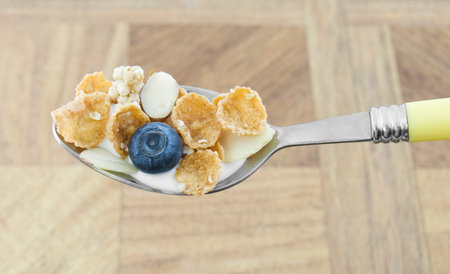 Spoonful of cereal with corn flakes, milk, and a blueberry