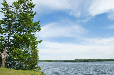Scenic lake with trees on the shore and cloudy blue skyの写真素材
