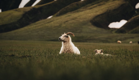 Behold the beauty of Icelandic wildlife: a captivating image of a goat serenely resting in a lush field. This picture perfect moment captures the serenity of nature, showcasing the adorable charm of Iceland's wildlife in a breathtaking snapshot!の写真素材