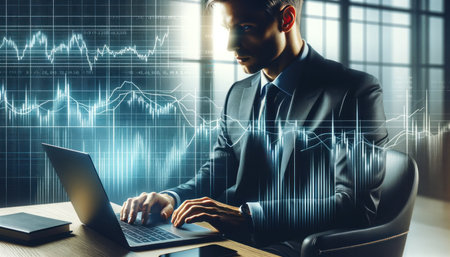 A focused businessman examines complex financial data and trends on his laptop in a dynamic office environment.の素材