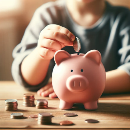 Close-up of a young child's hand placing a coin into a pink piggy bank, symbolizing early financial educationの素材