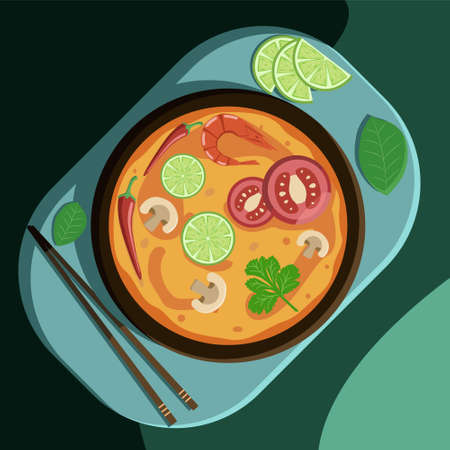 Soup Tom Yam on a tray with chopsticks and leafsのイラスト素材