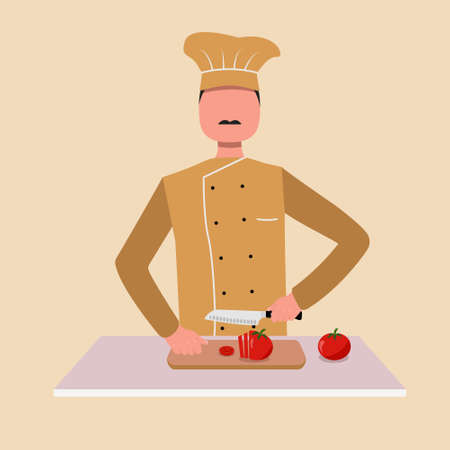 Male chef cut tomatoes in uniformのイラスト素材