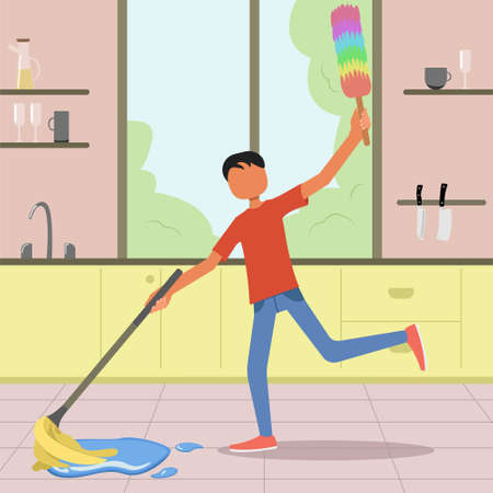 man cleaning house with wet mop and fluffy dusterのイラスト素材