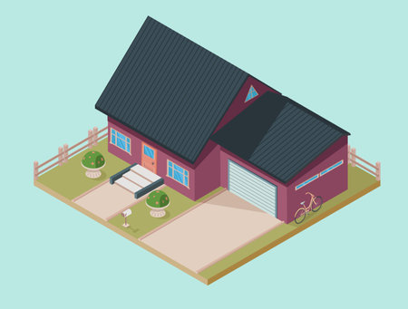isometric private house with garage and fenceのイラスト素材