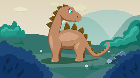Dinosaur in a meadow surrounded by bushesのイラスト素材