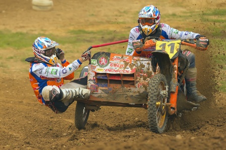 JEVICKO, CZECH REPUBLIC - JULY 23  Unidentified racers rides a sidecar in the  Sidecarcross Cup 2011  on July 23, 2011 in the town of Jevicko, Czech Republic  のeditorial素材