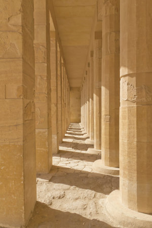 A colonnade of ancient columns at  the Temple of Queen Hatshepsut at Luxor  Egypt  の写真素材
