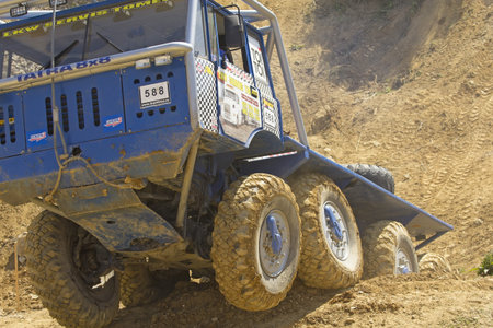 MOHELNICE, CZECH REPUBLIC - MAY 20. Unidentified racer at blue truck  passes through difficult...