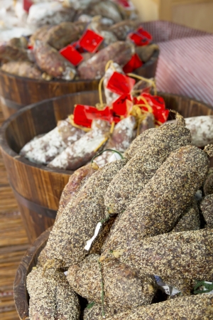 Pepper sausages ready for sale on the market   Arles, Provence, France   Vertically の写真素材