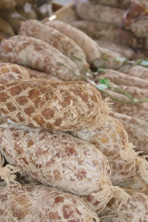 Sausages prepared to sell at farmersの写真素材