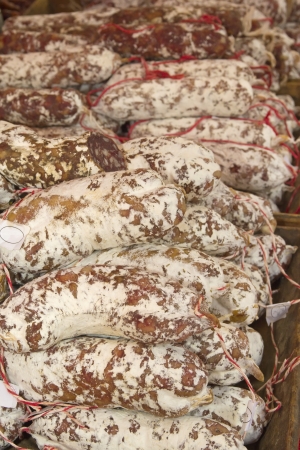 Sausages ready for sale on the market   Arles, Provence, France   Vertically の写真素材