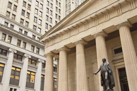 NEW YORK  CITY- SEPT 18.  George Washington Statue at Federal Hall, Wall Street, stands  where G. ...