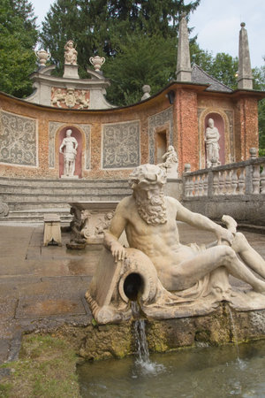 SALZBURG - AUG 09, 2012. Water games are a big attraction at Hellbrunn Castle.They were built 400...