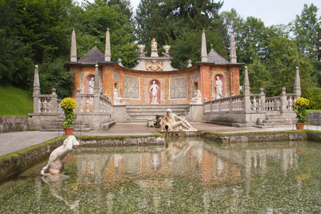 SALZBURG - AUG 09, 2012. Water games are a big attraction at Hellbrunn Castle.They were built 400...
