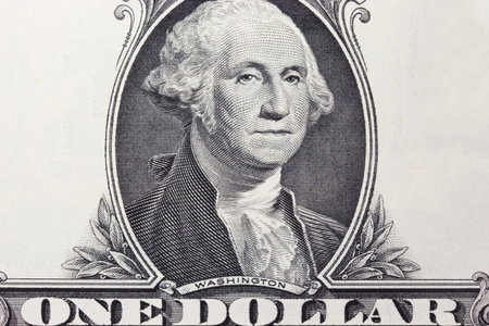 Detailed view of portrait George Washington on 1 dollar bill 