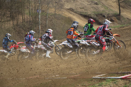 MOHELNICE,  CZECH REPUBLIC - APR 2013: Start of motocross race in the "Crossracing Cup 2013"  in April 21, 2013, MOHELNICE, Czech Republic. のeditorial素材