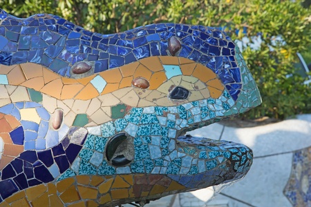 Details of the ceramic dragon fountain at Parc Guell in Barcelona  Catalunya, Spain の写真素材