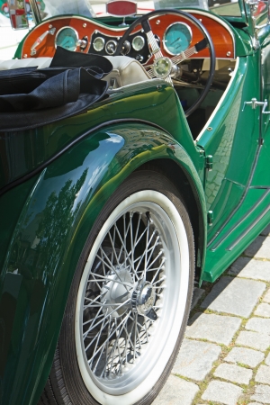 Closeup view of oldtimer green car. Rear view.の写真素材