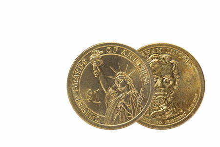 One US dollar obverse and reverse coins on whiteの写真素材