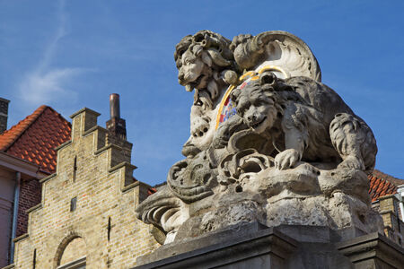 Closeup view of Lion On City Coat of Arms On A Water Fountain (Briges, Belgium)のeditorial素材