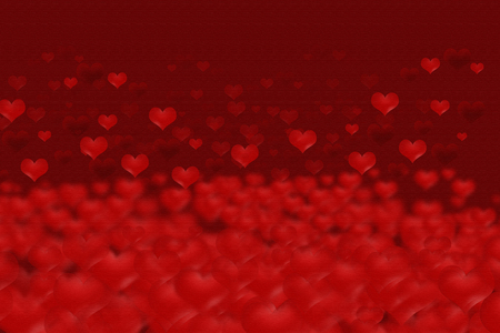 Light and dark colored hearts are rising from the base made of blurry hearts. Everything is on a dark red canvas background.の写真素材