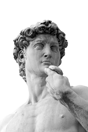 BW photo of  the David sculpture  by Michelangelo in Florence. Detail of the head on the white background.のeditorial素材