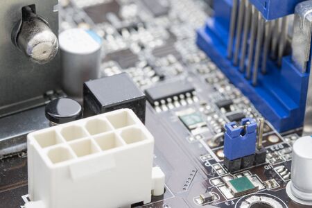Close up of computer motherboard. All potential trademarks are removed.