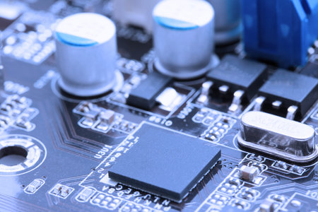 Close up of processor on the computer motherboard. All potential trademarks are removed. Used deep...