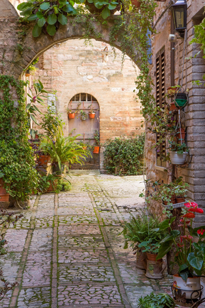 Romantic stone arch decorated with plants and flowers (Spello, Umbria, Italy.)のeditorial素材