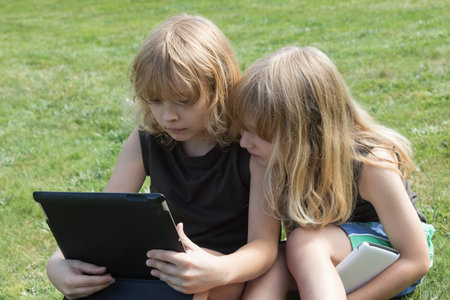 Two blond boys are sitting on the lawn and looking to the tablet. Boy sitting on the left  has an...