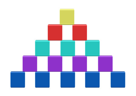 Vector showing a pyramid consisting of cubes from the children's games. The base consists of blue cubes,  on the top is a yellow cube.のイラスト素材