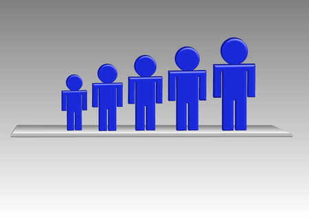 Graph of five blue persons  lined up from smallest to largest are standing on a transparent mat. Grey gradient is in the background.のイラスト素材