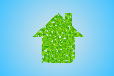 House of green leaves is standing in the middle of the image. All is on the blue gradient background with the light in the centre.のイラスト素材