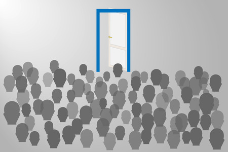 Migration of peoples concept. Gray silhouettes of people are standing in front of the open door with a blue frame. Everything is on a gray gradient background.のイラスト素材