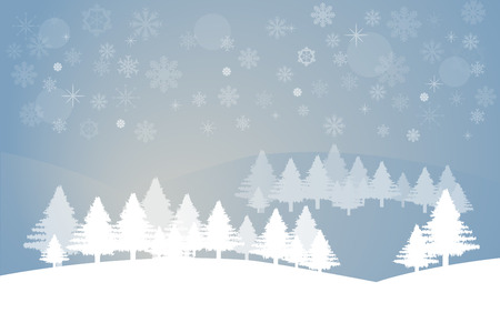 Winter landscape with trees in the foreground and with transparent trees in the mountains in the background. The background is in trendy blue gradient with snowflakes, stars and light.のイラスト素材