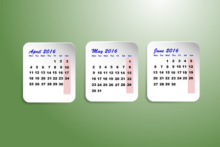 Three white paper sheets with calendar for the second quarter of the year 2016 on the trendy green gradient background.のイラスト素材