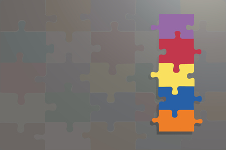 Colorful puzzle pieces are on the right side of the vector. All is on the  grey  gradient background with light and transparent color puzzle pieces over the entire surfaceのイラスト素材