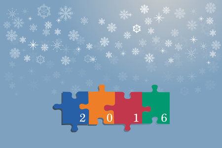 Four colorful puzzle pieces with the numbers 2016 are on the trendy blue gradient background with...
