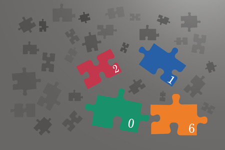 Happy new year card of puzzle pieces. Colorful pieces with the numbers 2016 are falling. All is on the  grey  gradient background with light and transparent grey puzzle pieces.のイラスト素材