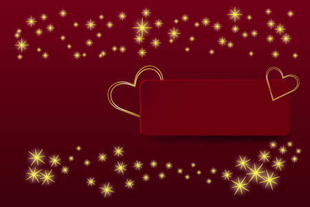 Two golden hearts frames are on the red rectangle with shadow which is ready for your text. Many shining golden stars are above and below them. Everything is on a red background.のイラスト素材