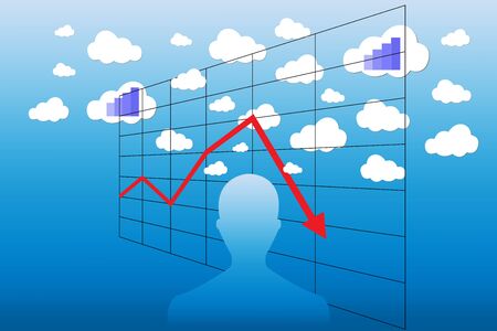 Silhouette of a man with the different sizes clouds above his head. Two clouds contains a blue graph indicating economic growth The red graph in a grid is showing the economic decrease. All is on a blue gradient background.のイラスト素材