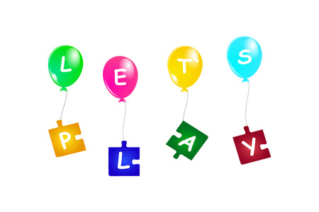 On the flying colorful balloons hung colorful  puzzle pieces. All is with the inscription Let`s play.All is on the white background isolated.のイラスト素材