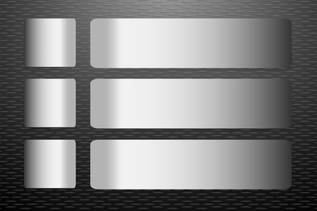 Six stainless steel horizontal  labels vector with shadows on the trendy black embossed sheet vector background. They are next to each label one square and one rectangular in the horizontal.のイラスト素材